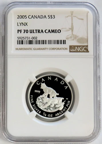 2005 SILVER CANADA 1/4 oz LYNX $3 PROOF COIN NGC PF 70 ULTRA CAMEO