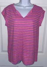 Fresh Produce Sz Small Neon Pink Striped 100% Cotton S/S Shirt USA Made EUC