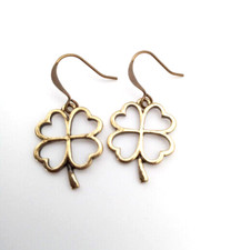 Antiqued Gold Open Metal Four Leaf Clover St. Patricks Earrings 4-H
