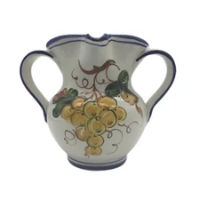 Intrada Italian Pottery Pitcher Double Handled  Hand Painted Vase Grapes Vintage