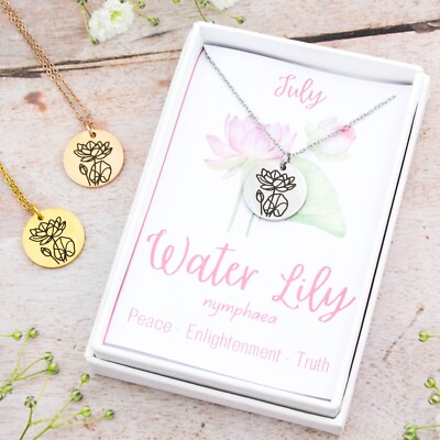 Water Lily Necklace - July Birth Flower Personalised Engraved Jewellery