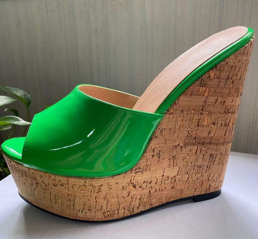 52 Mules 16cm High Heels Pantolette HolzOptik Keilabsatz Sandalen