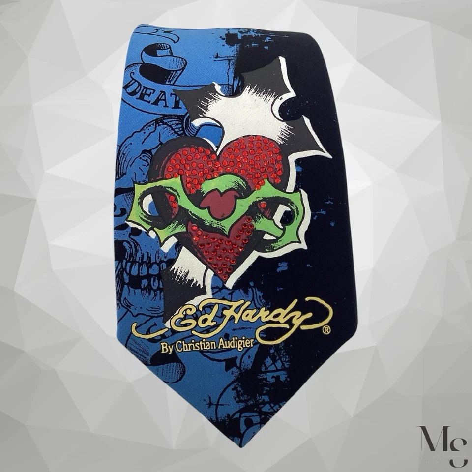 Corbata de seda con estampado de calaveras de amor negra y azul ED HARDY BY CHRISTIAN AUDIGIER con: 3" E C Foto 3 de 4