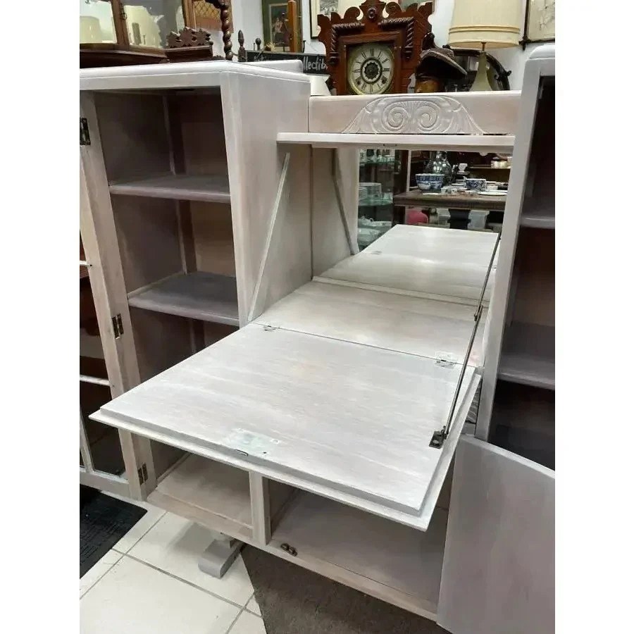 1940's Tiger Oak armário de mesa espelhado, mesa flip-down, portas laterais de vidro - Imagem 3 de 4