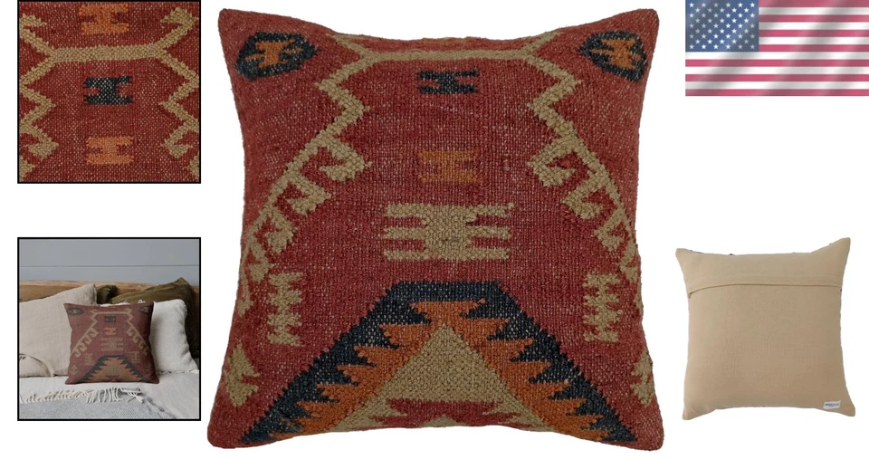 Funda de cojín tejida a mano de yute y lana 18x18 - Diseño boho vintage para el hogar Foto 2 de 4