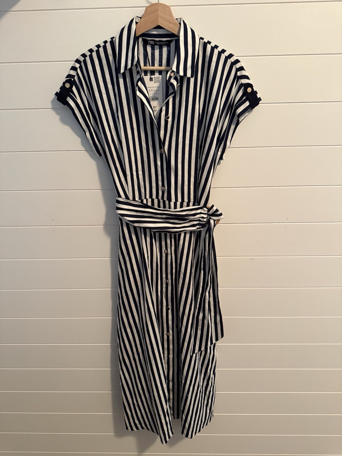 Zara NWT Striped Navy & White Button-Up Dress with Removable Raffia Belt Sz XS
