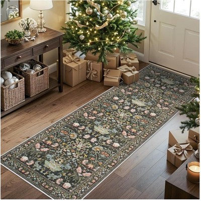 Green Floral Runner Rug with Non-Slip Backing