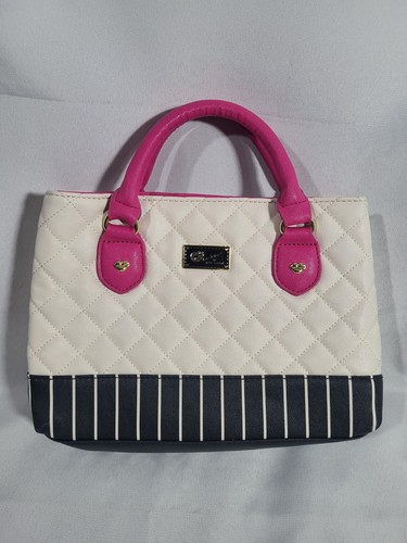 Luv Betsey by Betsey Johnson Purse Handbag Tote White Bottom Stripes Pink Handle - Picture 2 of 18