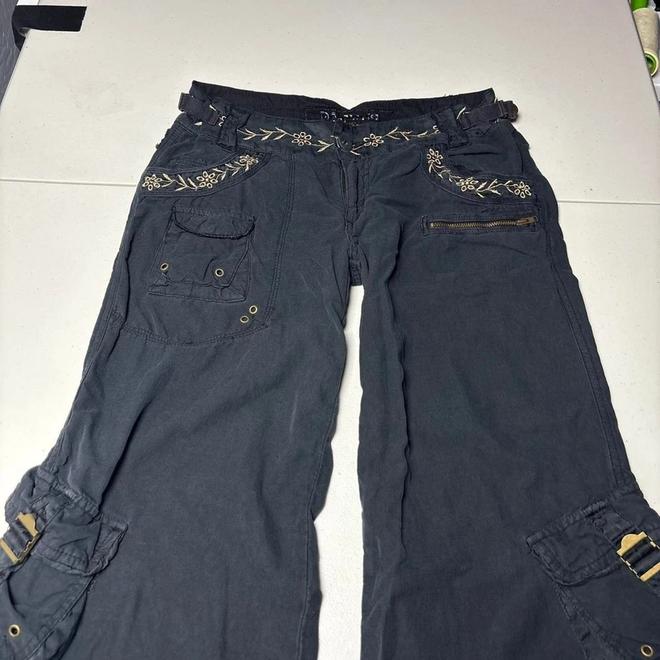 Y2K редкая заниженной Da-Nang излишки черный шелк желтовато-коричневый вышитый цветочный грузовой брюки - Изображение 2 из 4