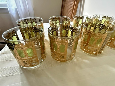 Vintage Culver Valencia Old Fashion Glasses Set 8 22K Gold Green MCM Barware