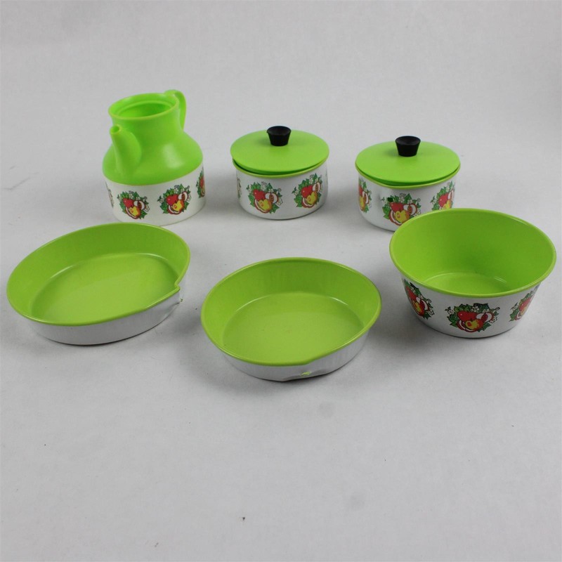 Lot of 8 Vintage Metal Toy Dish Set White Green Fruit Motif