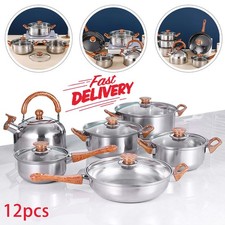 12 Piece Stainless Steel Cookware Saucepan Set Pan Pot Kitchen Cooking Glass Lid