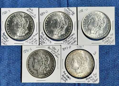 BU Morgan Silver Dollars Lot of 5 1880-S, 1884-O, 1888-O, 1890-S, 1897-P, ERRORS