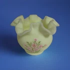 Vintage FENTON Satin Custard Vase Bowl Ruffled Rim Pink Flowers SIGNED