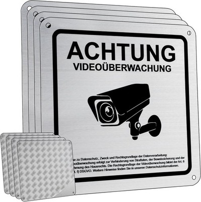 Videoüberwachung Schild, 4-er 15x15cm Aluminium Schilder Kameraüberwachung mi...