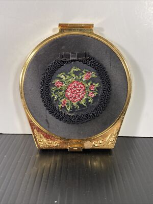MAX FACTOR EMBROIDERED 2-SIDED MIRROR-4.5 DIAMETER (MISSING CHAIN) VG CONDITION!