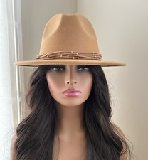 Boho Western Gold Feather Charms Rancher Fedora Camel Tan Beige Hat NWOT