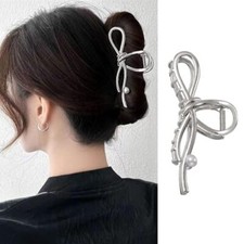 Silver Large Hair Claw Clips Metal Hair Clip Bow Hair Clips with White BOW
