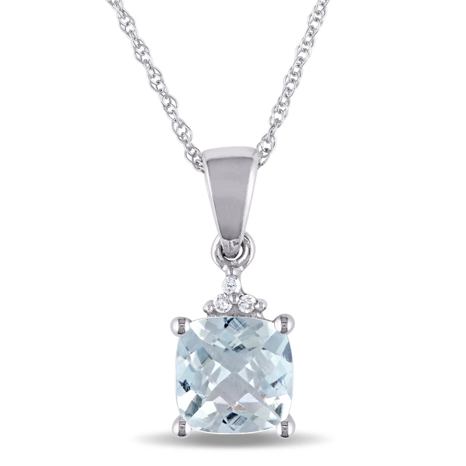 Amour 10k White Gold Aquamarine and Diamond Pendant with Chain