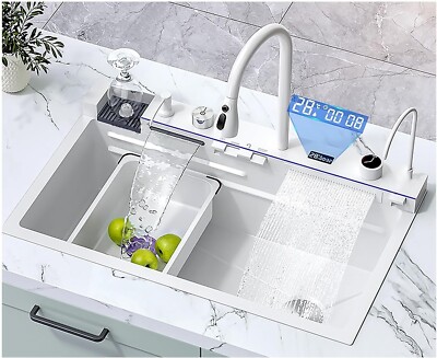 33x22 IN White Flying Rain Waterfall Kitchen Sink Integrated w Pull-Out Tap Set