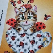Bead Embroidery Kit – Cute Kitten in Teacup (Ladybug Theme) | DIY Beading Craft