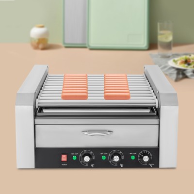 Electric 30 Hot Dog 11 Roller Grill Cooker Machine w/Bun Warmer 1560W Silver