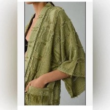 NEW Anthropologie Pilcro Green Metallic Textured Kimono Fringe OS Boho Artsy