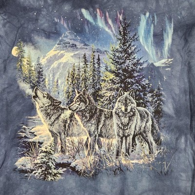 The Mountain Shirt Mens XL Blue Wolf Pack Northern Lights Graphic Tye Dye Logo