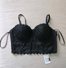 Windsor Womens Small Bustier Top Black Lace Corset Beaded Embellished Strapless