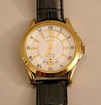 Seiko Premier Watch Men Perpetual Calendar 40mm Gold Tone New Battery Very Good!