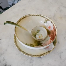 RS Germany Porcelain Condiment Bowl Set with Pink Roses - Bowl, Saucer, & Ladle