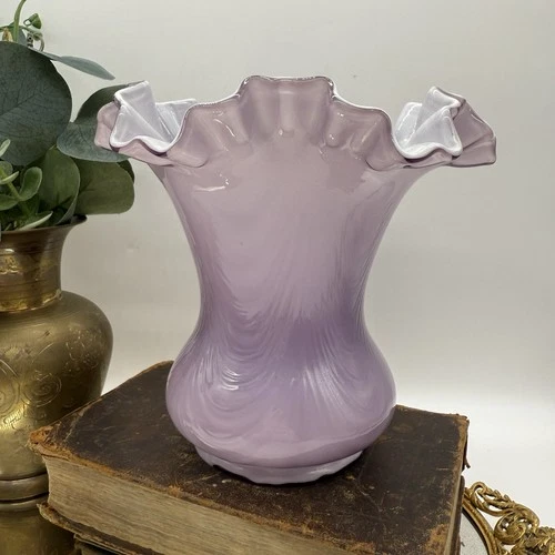 Vintage Fenton Lavender White Cased Ruffled Edge Vase