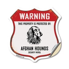 Warning Property Protected by Afghan Hounds Shield Shaped Sign Made in the USA