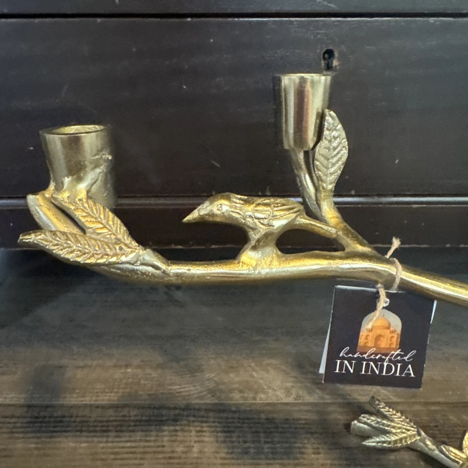 Candelabro dorado figurativo pájaros florales en árbol hecho en India Foto 2 de 4