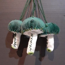 Set Of Three Velvet Hanging Button Mushroom Decorations Handcrafted Christmas