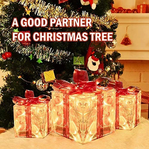 Juego de 3 Cajas de Regalo Navidad 60 Iluminadas LED, Transparente Blanco Cálido Iluminado Foto 4 de 4