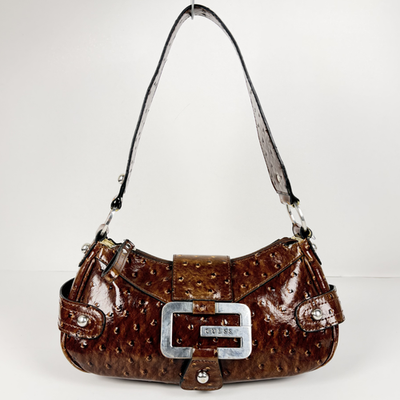 GUESS Y2K Brown Ostrich Embossed Faux Leather Shoulder Bag
