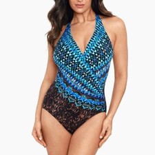 Miraclesuit Wrapsody tank one piece swim blue brown compression slimming new 10