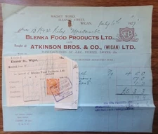 1927 Blenka Food Products Wigan Invoice Atkinson Bros Pickles Receipt Stamp