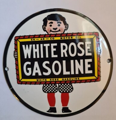 WHITE ROSE GASOLINE(ROUND). PORCELAIN EMAILLE / ENAMEL SHIELD, SIGN, PLATE RETRO