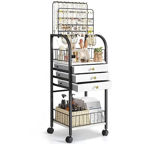 Large Jewelry Organizer Stand with 3 Drawers in Sleek Black Design-image