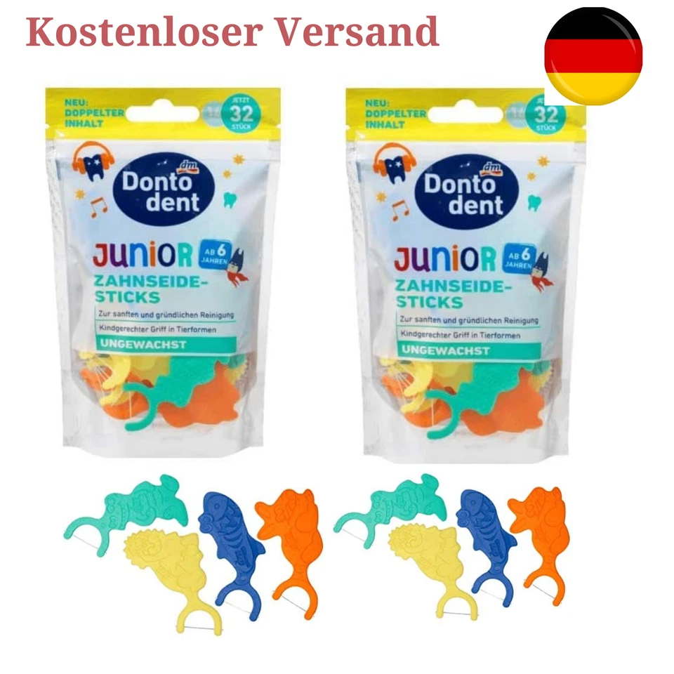 Dontodent Kinder Zahnseide-Sticks Junior 2x 32 Zahnpflege Zähne putzen Zahn