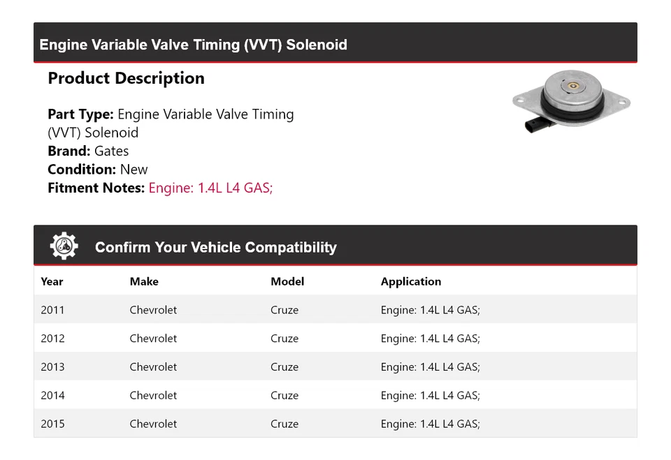 Para Chevrolet Cruze 2011-2015 1,4 L L4 motor de gas VVT puertas solenoides 2012 2013 Foto 2 de 4