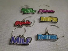 Set of 6 Novelty Wine Glass Charms MILF, Cougar, Manther, Gigolo, Nympho, Sugar