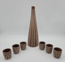 Jaru California Striped Brown and White Ceramic Decanter and 6 Cups