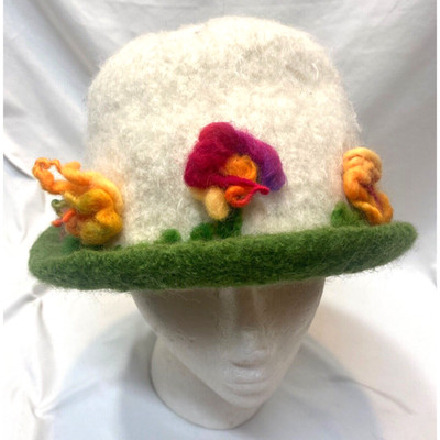 Hand Crafted Felted Wool Hat RAINBOW FLOWERS Bucket Style