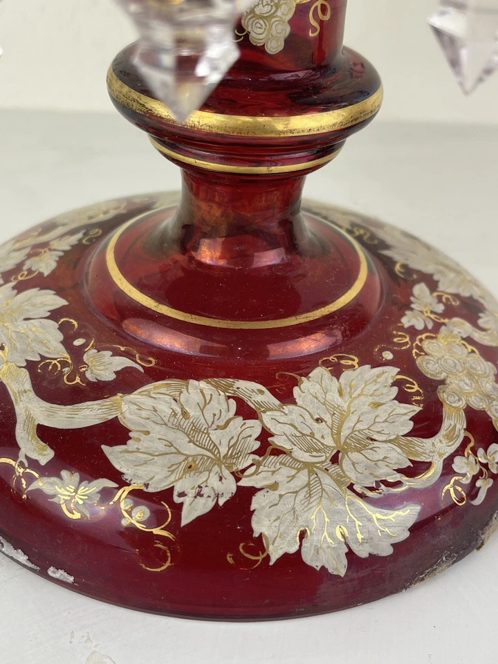 PAIR OF 19 C. HAND GOLD PAINTED RUBY MOSER LUSTERS LUSTRES OVERLAY MUSEUM G2U - Image 4 of 4