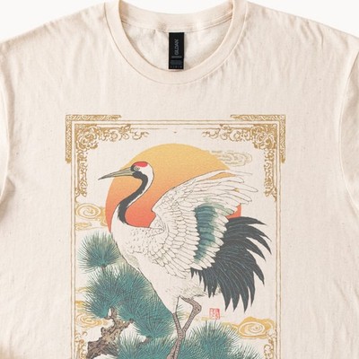 Elegant Crane Bird Graphic Tee Asian Art Inspired Vintage Style