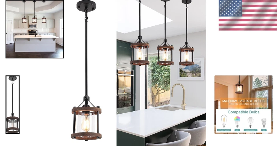 Rustic Farmhouse Pendant Light with Glass Shade - Image 2 of 4