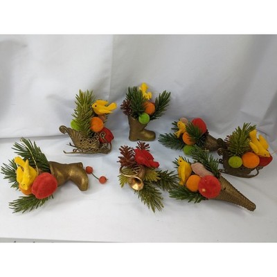 Mr Christmas Flocked Birds Fruit in Plastic Boot Cornucopia Sleigh Ornaments Lot